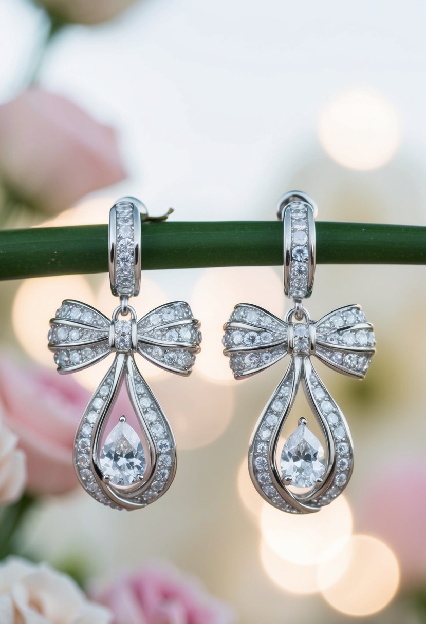 A pair of sparkling bow knot drop earrings with zirconia stones, set against a soft and romantic wedding backdrop