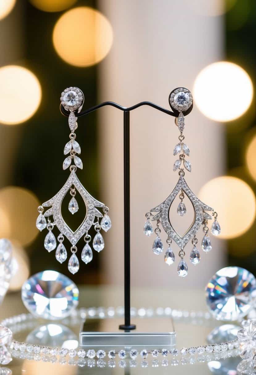 A pair of elegant chandelier earrings hanging from a display stand, surrounded by sparkling crystals and soft lighting