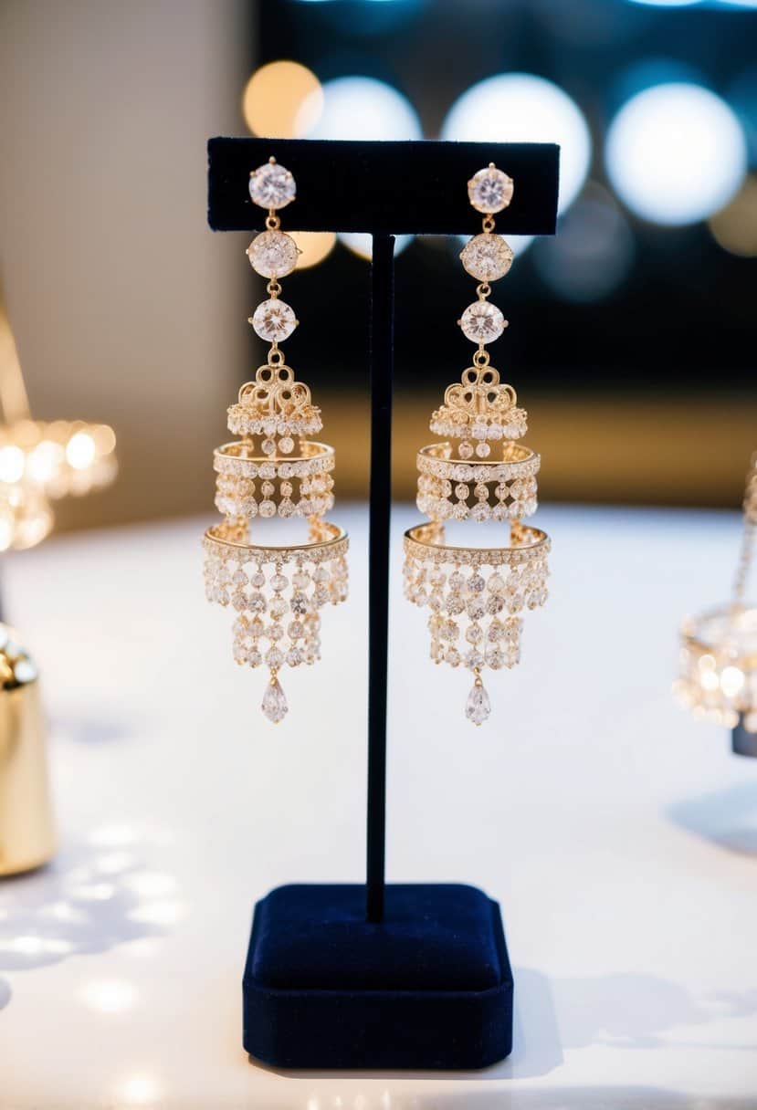 A pair of Rachel Zoe Tiered Drop Earrings dangle elegantly from a jewelry stand, catching the light with their sparkling chandelier design