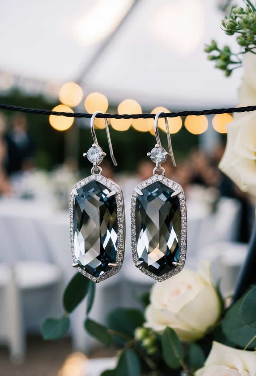 A pair of smokey gray quartz crystal earrings sparkling in the soft light of a wedding reception, exuding an aura of joyful glamour