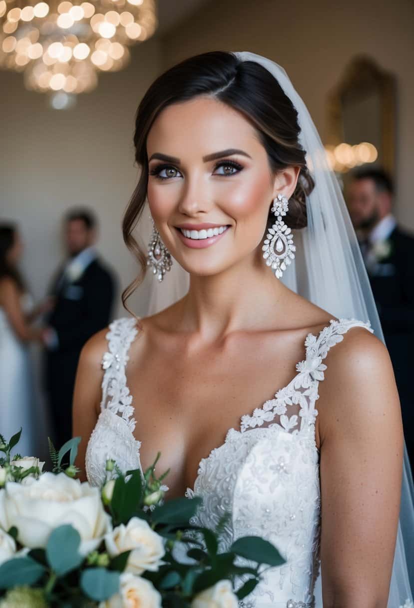 A bride wearing Kendra Scott Sophee Chandelier Earrings, surrounded by elegant wedding decor, with the earrings catching the light and adding a touch of glamour to her look