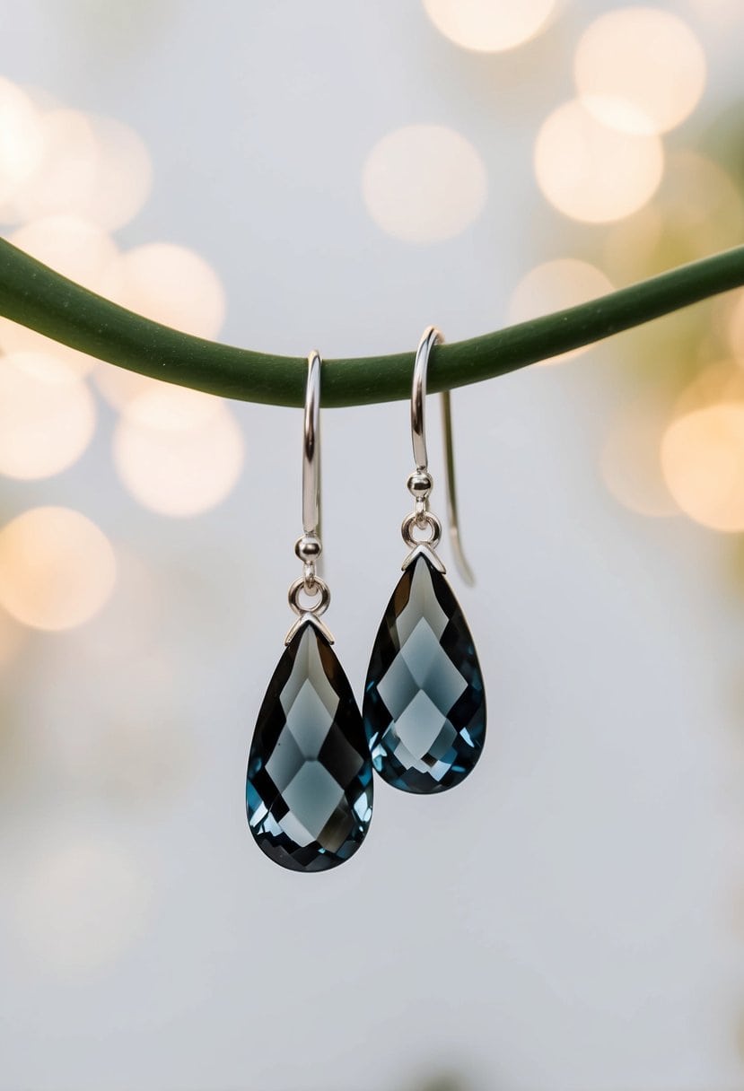 A close-up of Smokey Quartz Drops earrings against a soft, romantic background, evoking elegance and sophistication for a wedding