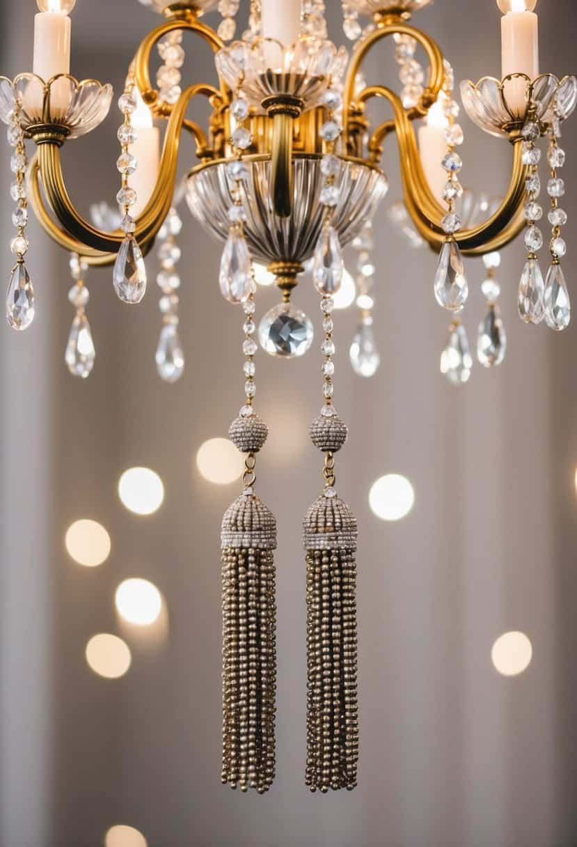 A pair of opulent beaded tassel earrings dangle from a luxurious chandelier, exuding elegance and glamour, perfect for a wedding