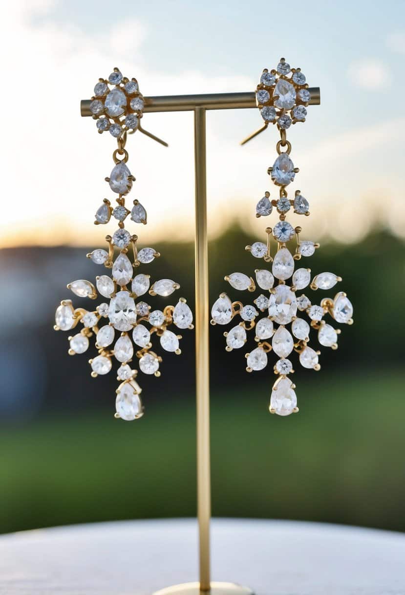 A pair of J. Crew Gem Cluster Chandelier Earrings hanging from a delicate stand, catching the light and sparkling with every movement