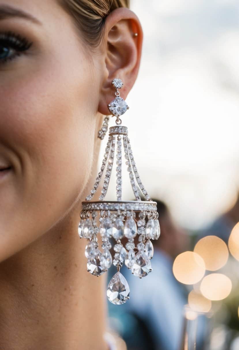 A sparkling chandelier earring suspended from a delicate earlobe, catching the light at a glamorous wedding soirée