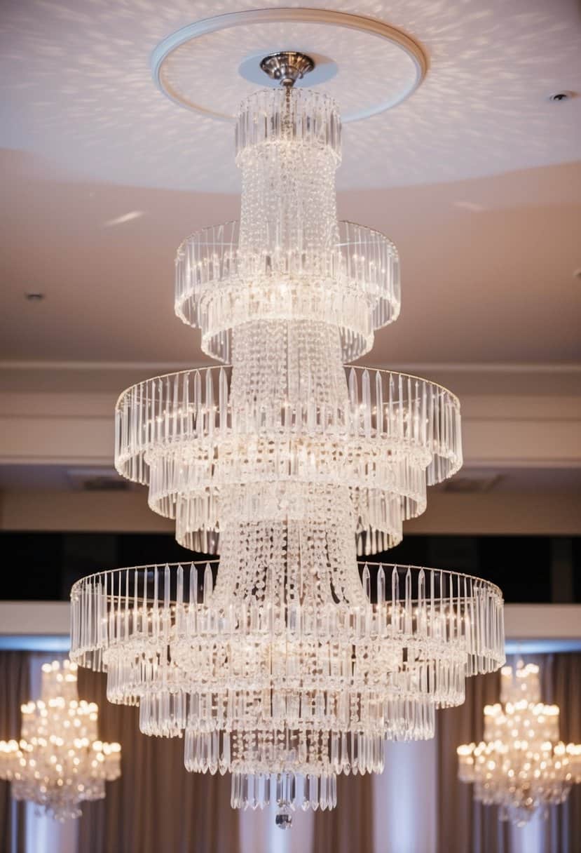 A grand, tiered crystal chandelier hangs above a wedding reception, casting a sparkling and elegant glow over the room