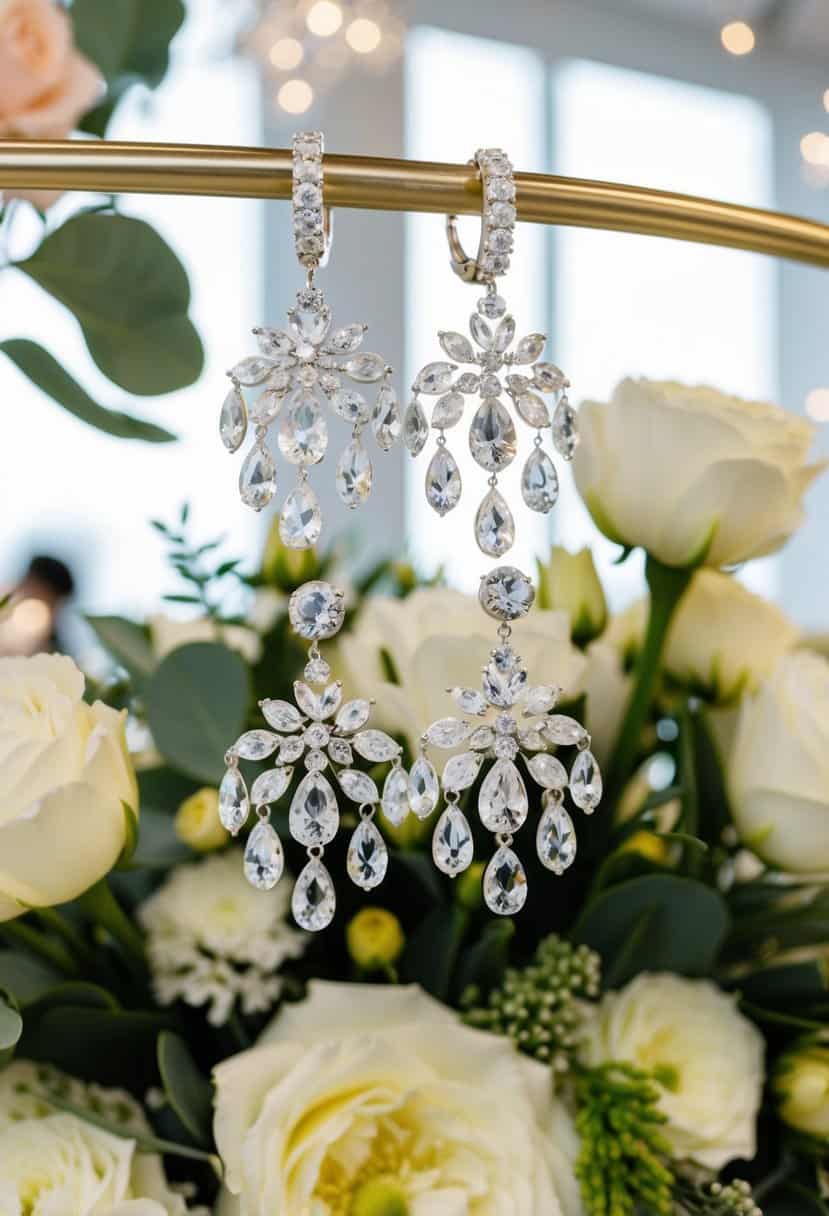 A sparkling pair of crystal chandelier earrings hanging from a display, surrounded by wedding flowers and decor