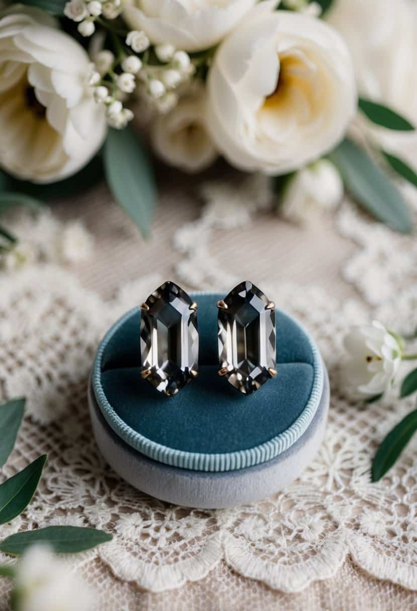 A sparkling pair of smoky gray quartz crystal earrings displayed on a velvet cushion, surrounded by delicate lace and floral wedding decorations