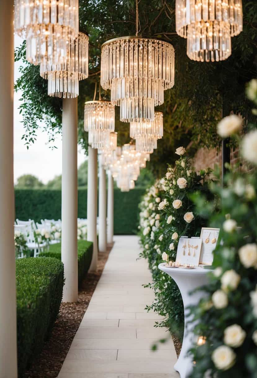 A garden path lined with crystal chandeliers, creating an enchanting setting for a wedding. Sparkling earring ideas are displayed on a nearby table