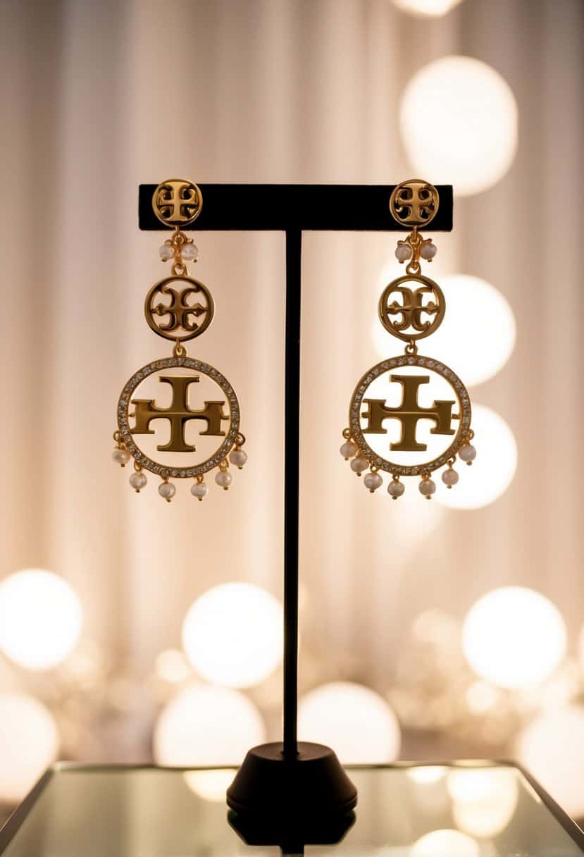 A pair of Tory Burch Double-Drop Chandelier Earrings hanging from a sleek display, surrounded by soft, romantic lighting