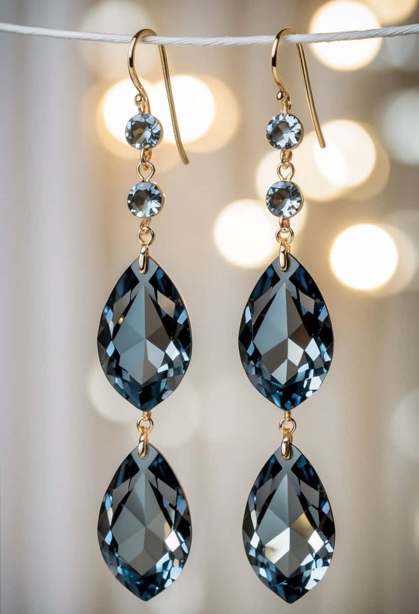 A pair of Swarovski Crystal Elegance Threaders dangle from a display, featuring smokey gray quartz crystals, with a soft and elegant backdrop, perfect for a wedding