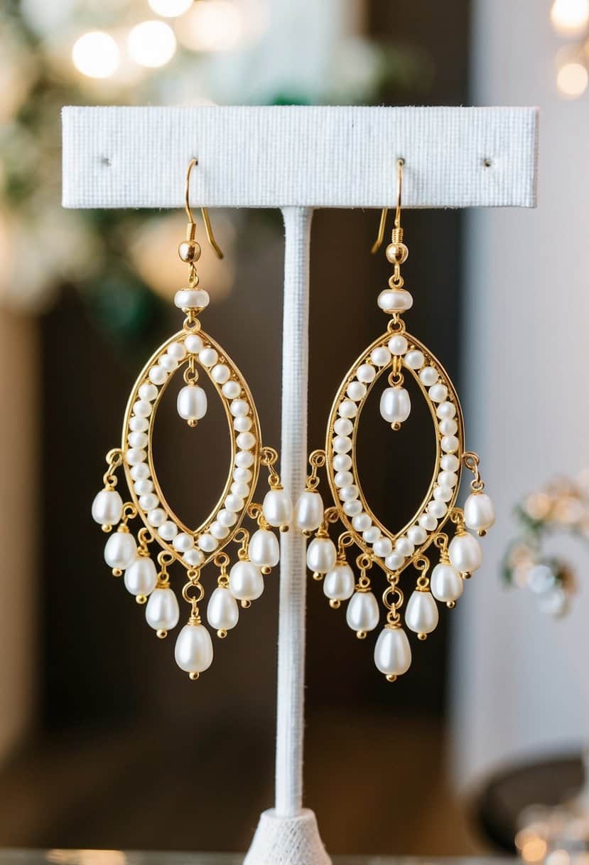 A pair of elegant chandelier earrings with organic bead details, hanging from a display stand at a wedding boutique