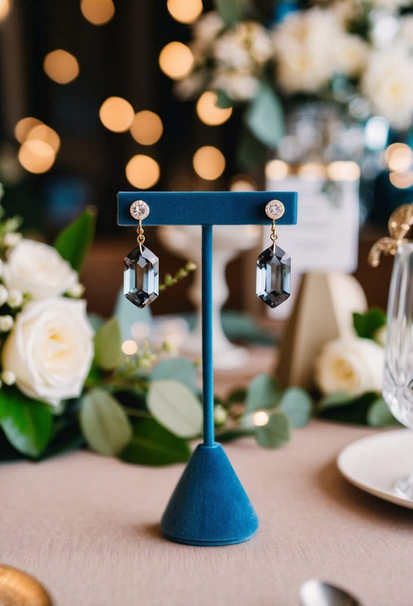 Smokey gray quartz crystal earrings displayed on a velvet jewelry stand with wedding decor in the background