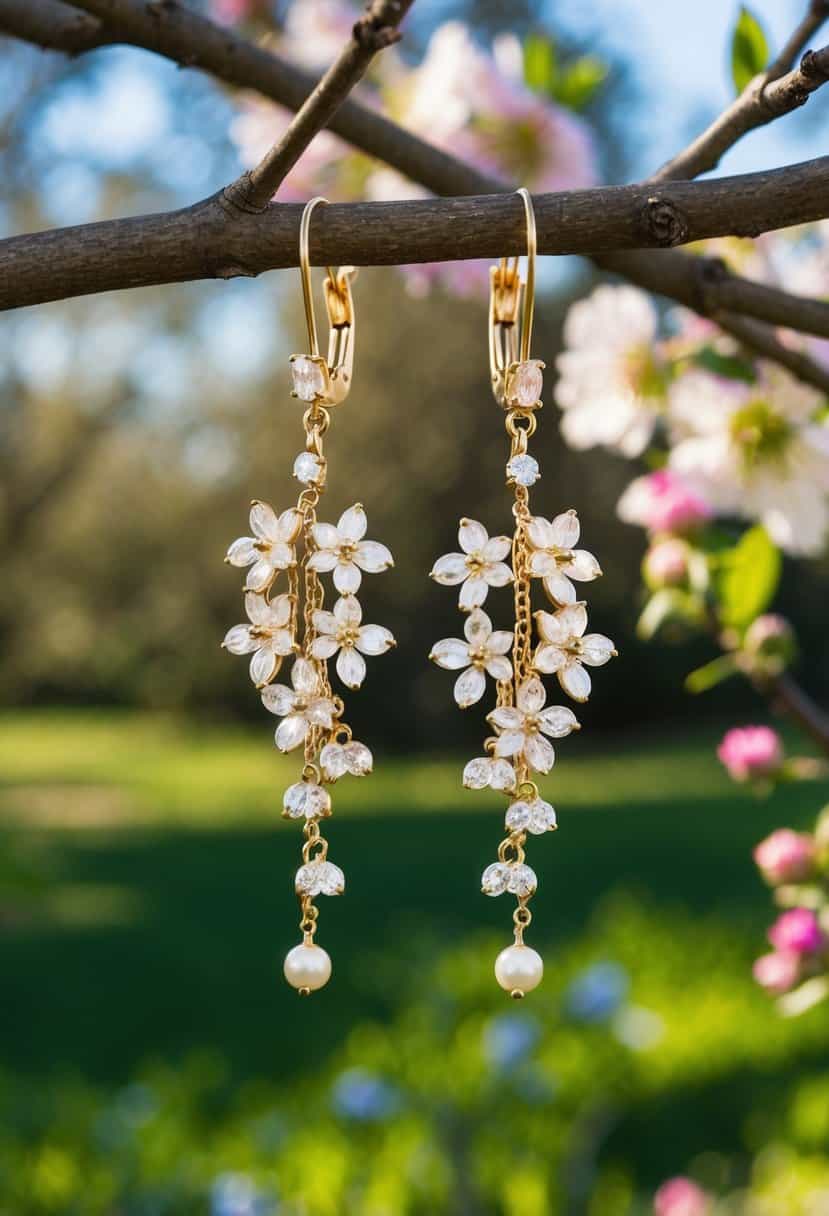 A pair of delicate floral chandelier earrings hanging from a tree branch, surrounded by blooming flowers and dappled sunlight