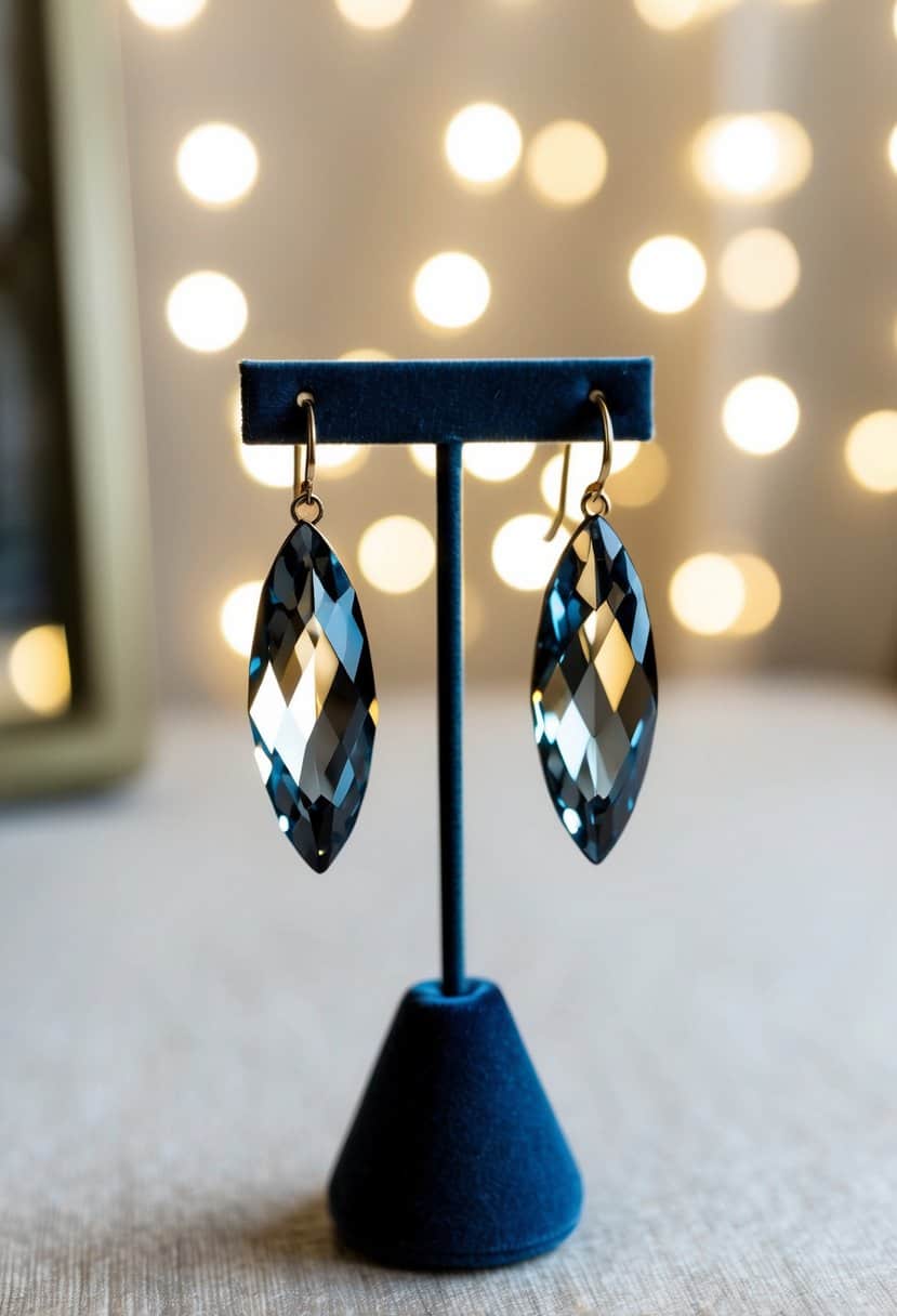 A pair of smokey gray quartz crystal hoop earrings displayed on a velvet jewelry stand, with soft lighting highlighting their elegant sparkle