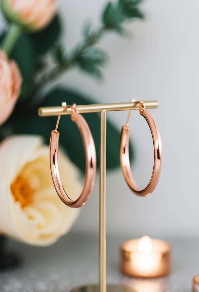 A pair of rose gold hoop earrings hanging from a delicate stand, surrounded by soft lighting and a hint of floral decor