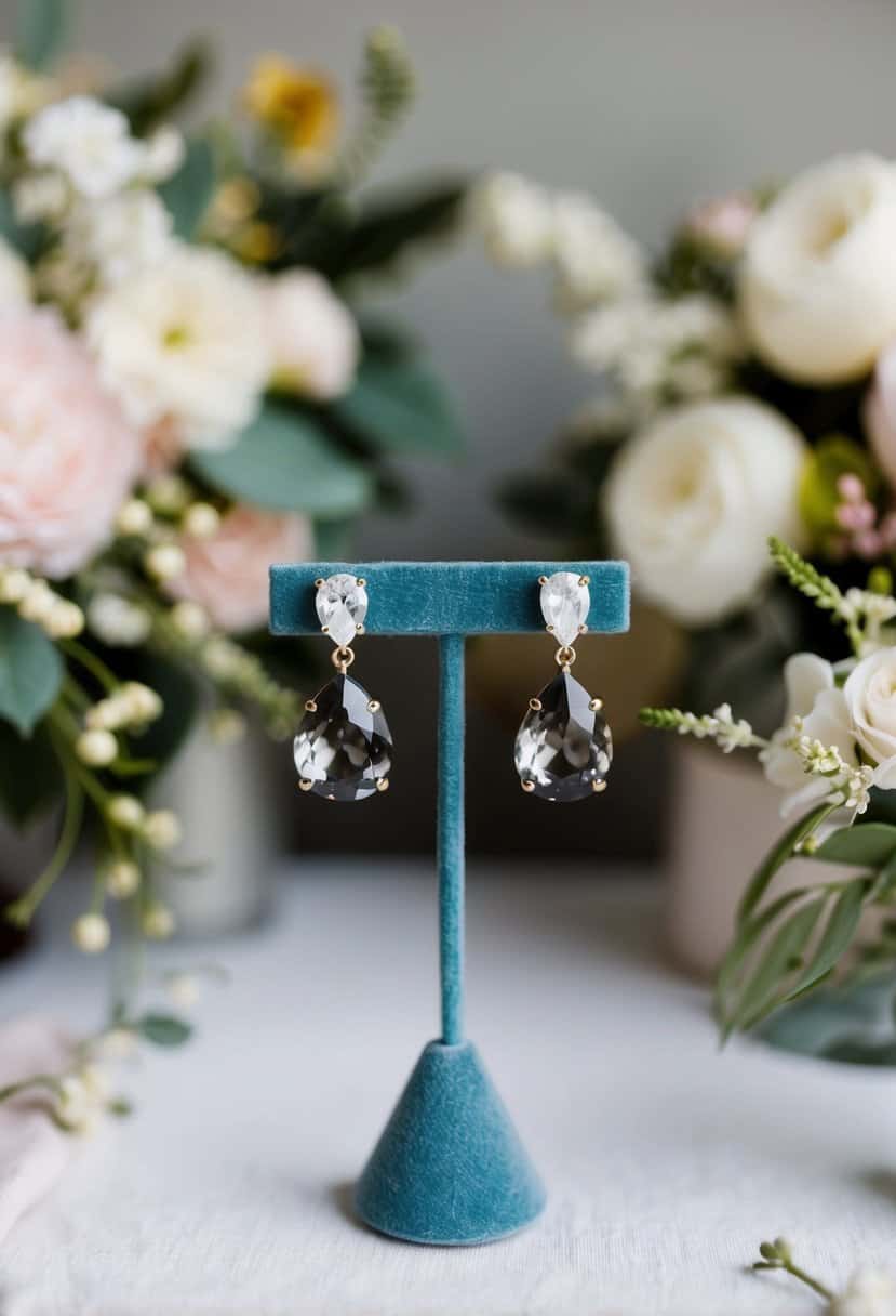 A pair of smokey gray quartz earrings displayed on a velvet jewelry stand, surrounded by delicate floral arrangements and wedding decor