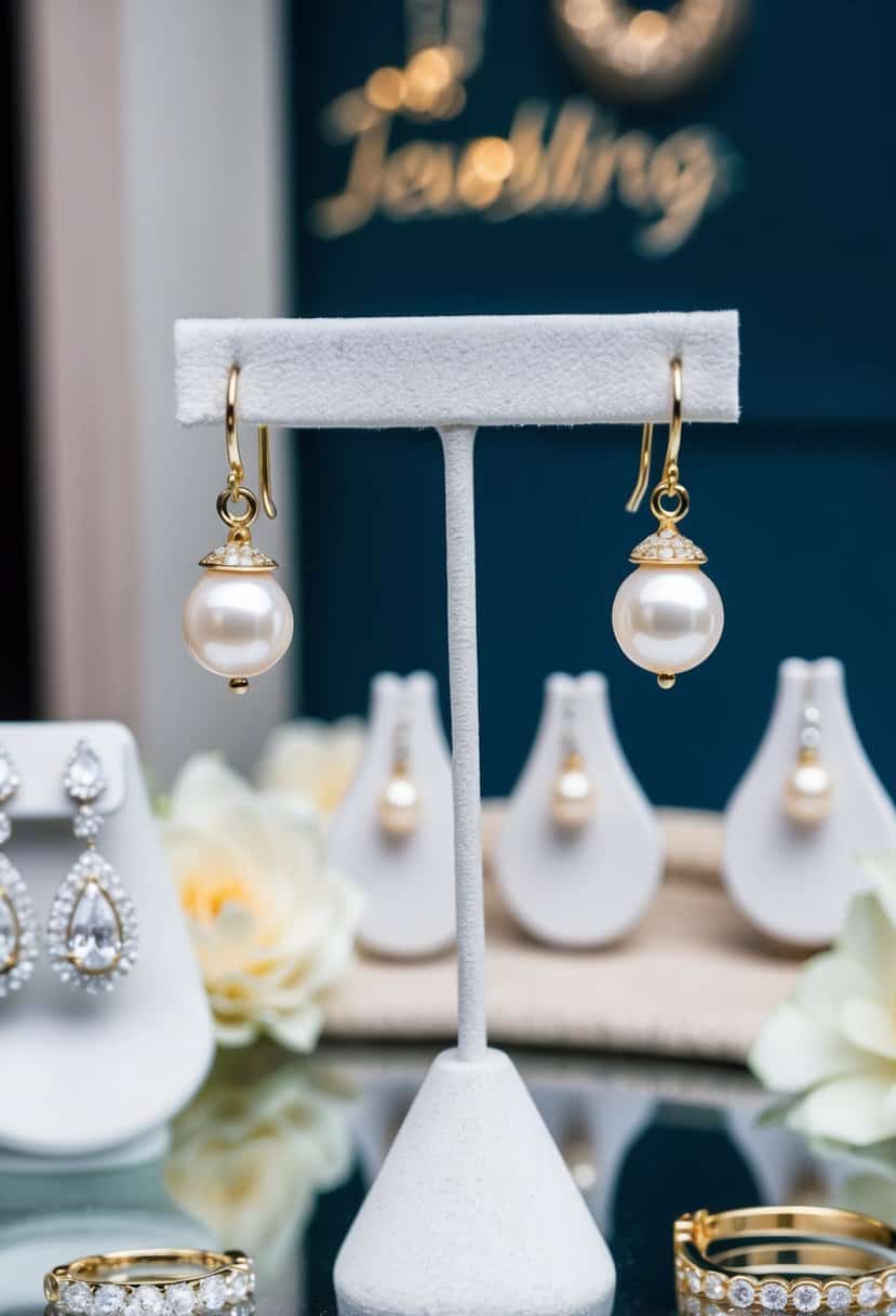 A pair of pearl drop earrings hanging from a display stand, surrounded by other elegant wedding jewelry