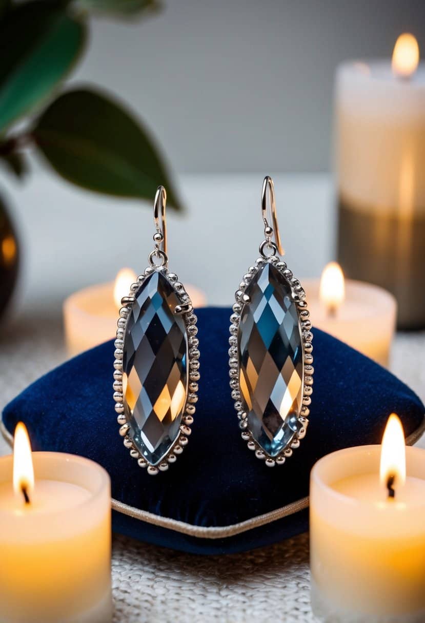 Two elegant silver fog earrings with smokey gray quartz crystals displayed on a velvet cushion, surrounded by soft candlelight