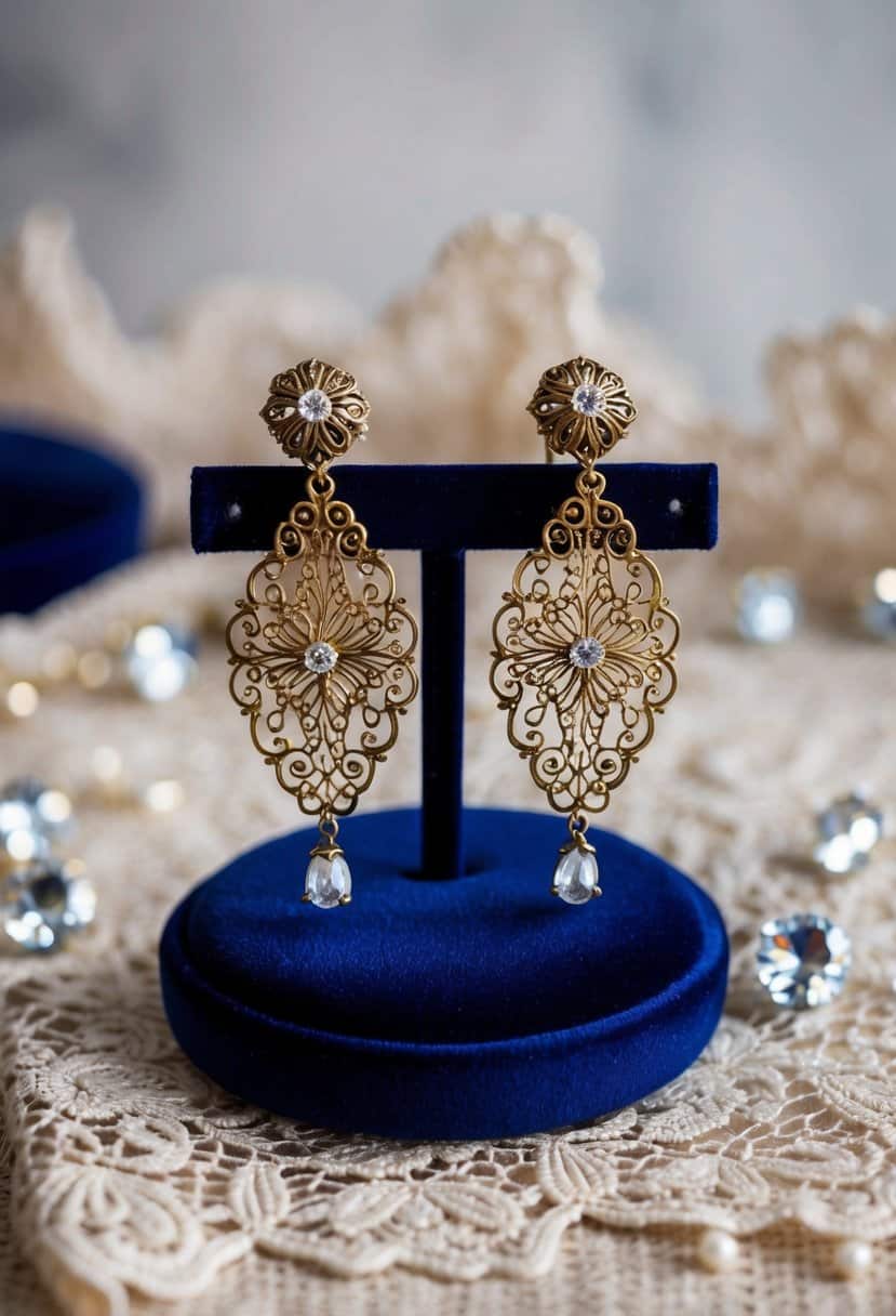 A pair of intricate vintage filigree earrings displayed on a velvet cushion, surrounded by delicate lace and sparkling crystals