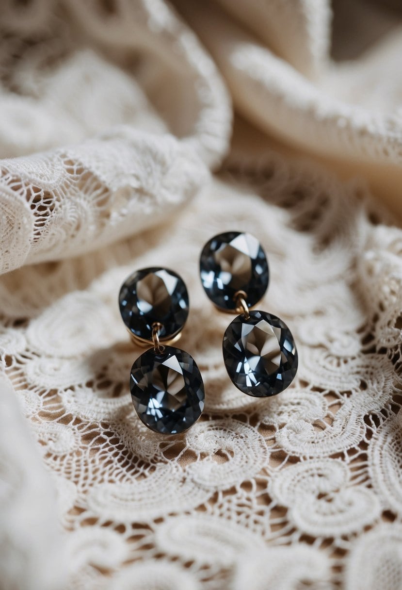 A close-up of smokey gray quartz crystal earrings arranged on a delicate lace fabric, with soft natural light casting subtle shadows