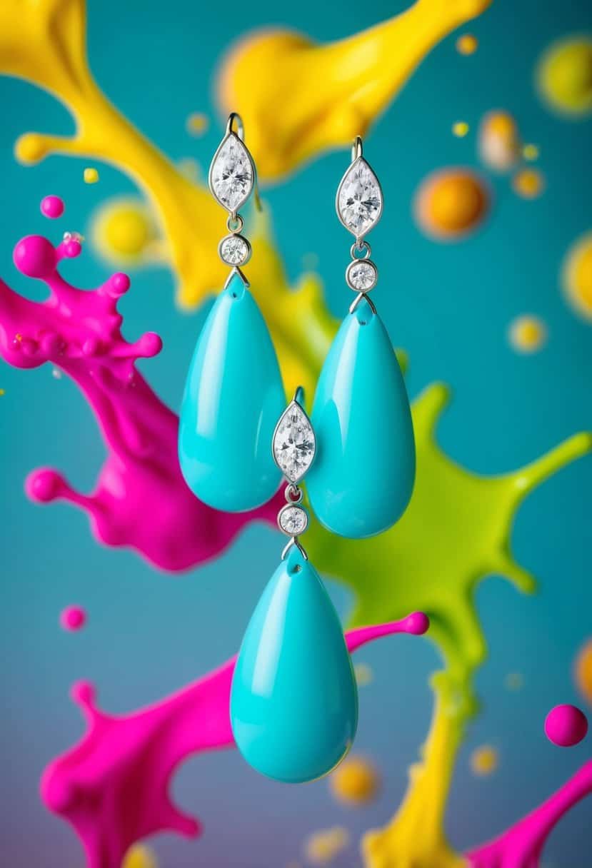 Vibrant aqua drop earrings surrounded by colorful splashes, perfect for a three-hole wedding earring design