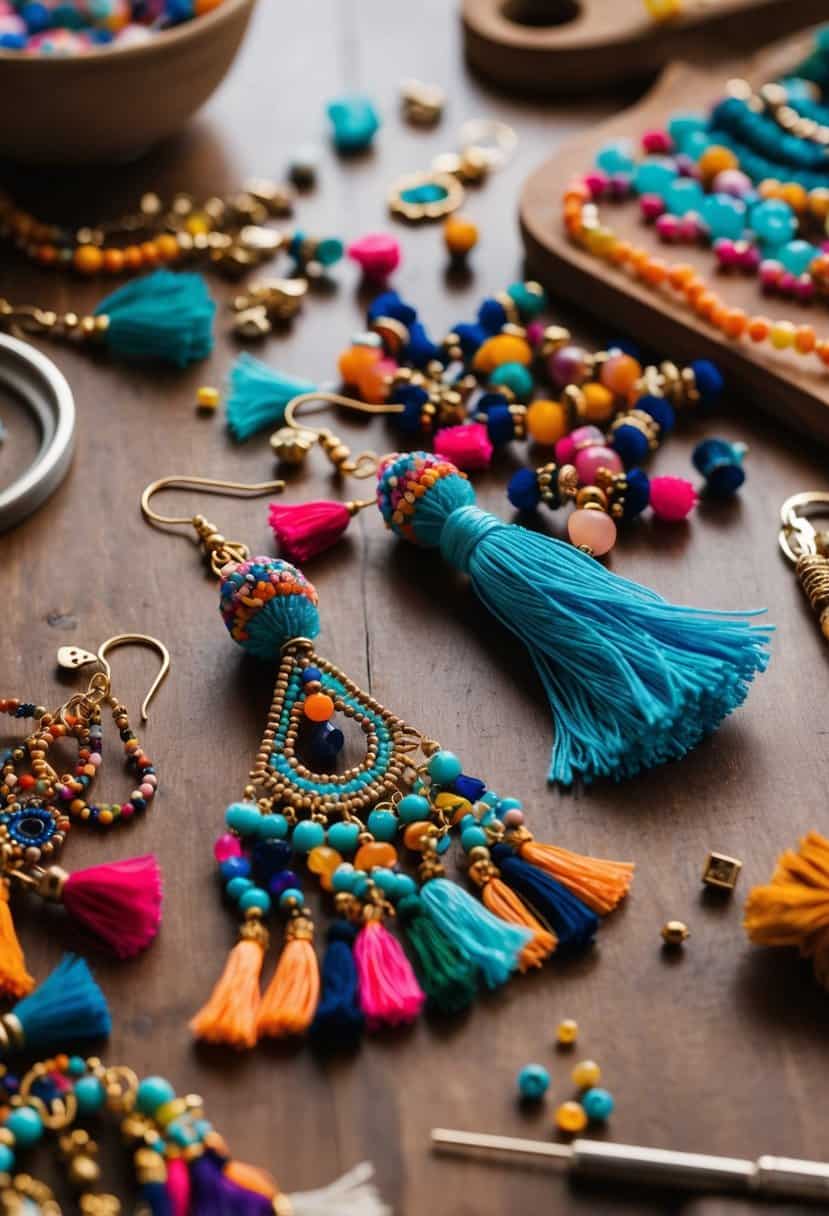 A table scattered with colorful tassels, beads, and jewelry-making tools. Two delicate, bohemian-inspired earrings in progress, with intricate patterns and dangling tassels