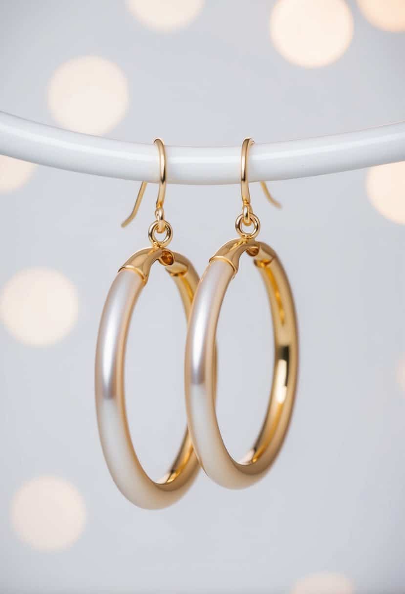 A pair of pearl hoop earrings suspended in mid-air, casting a soft glow against a white background