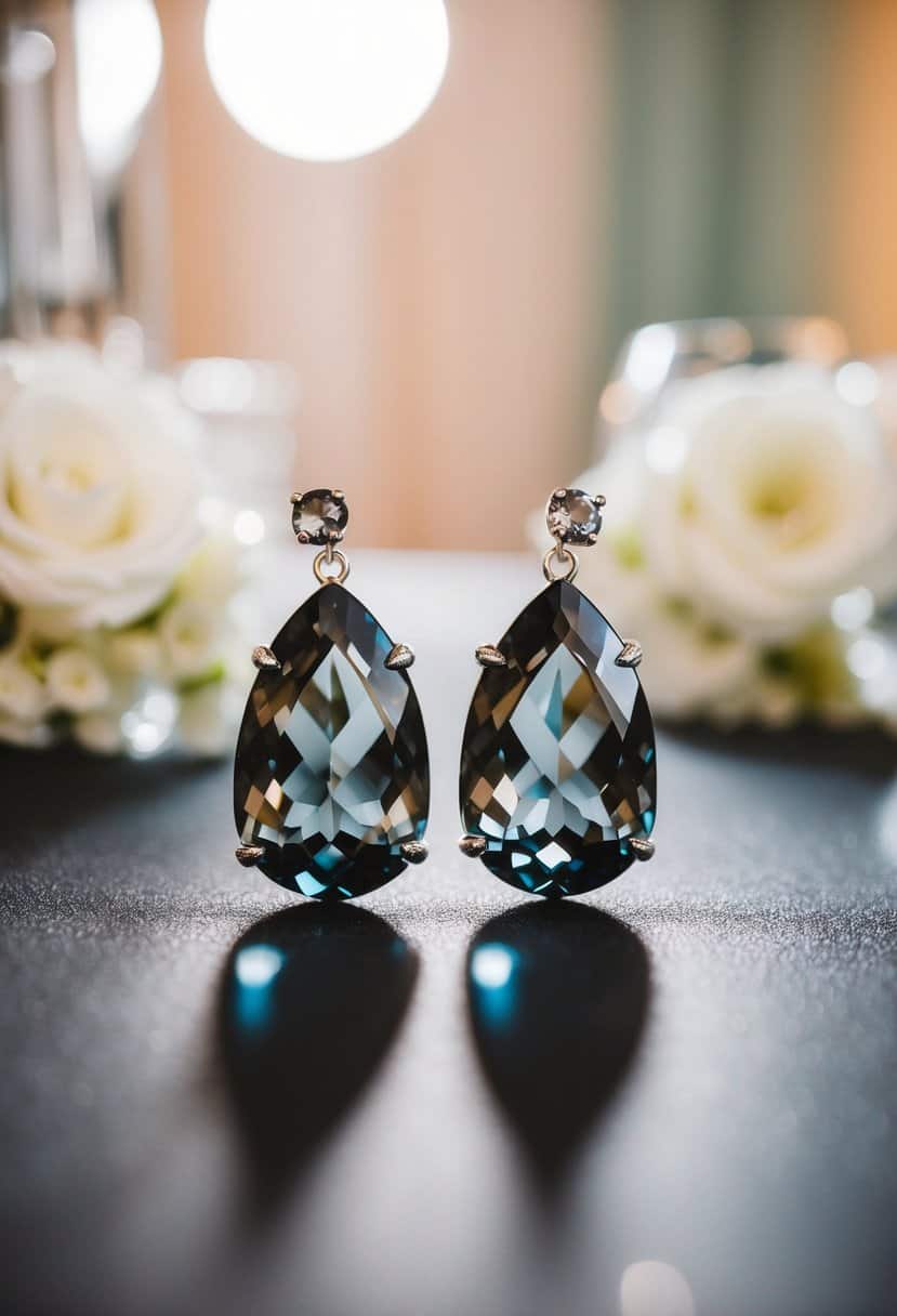 A pair of smokey gray quartz crystal earrings catching the light at a wedding reception