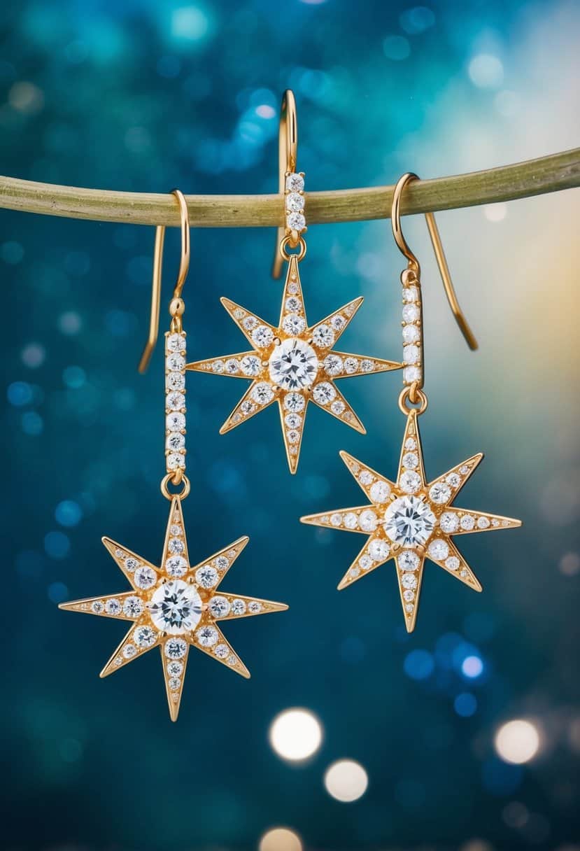 Three dazzling starburst earrings suspended in a celestial setting, radiating with shimmering brilliance