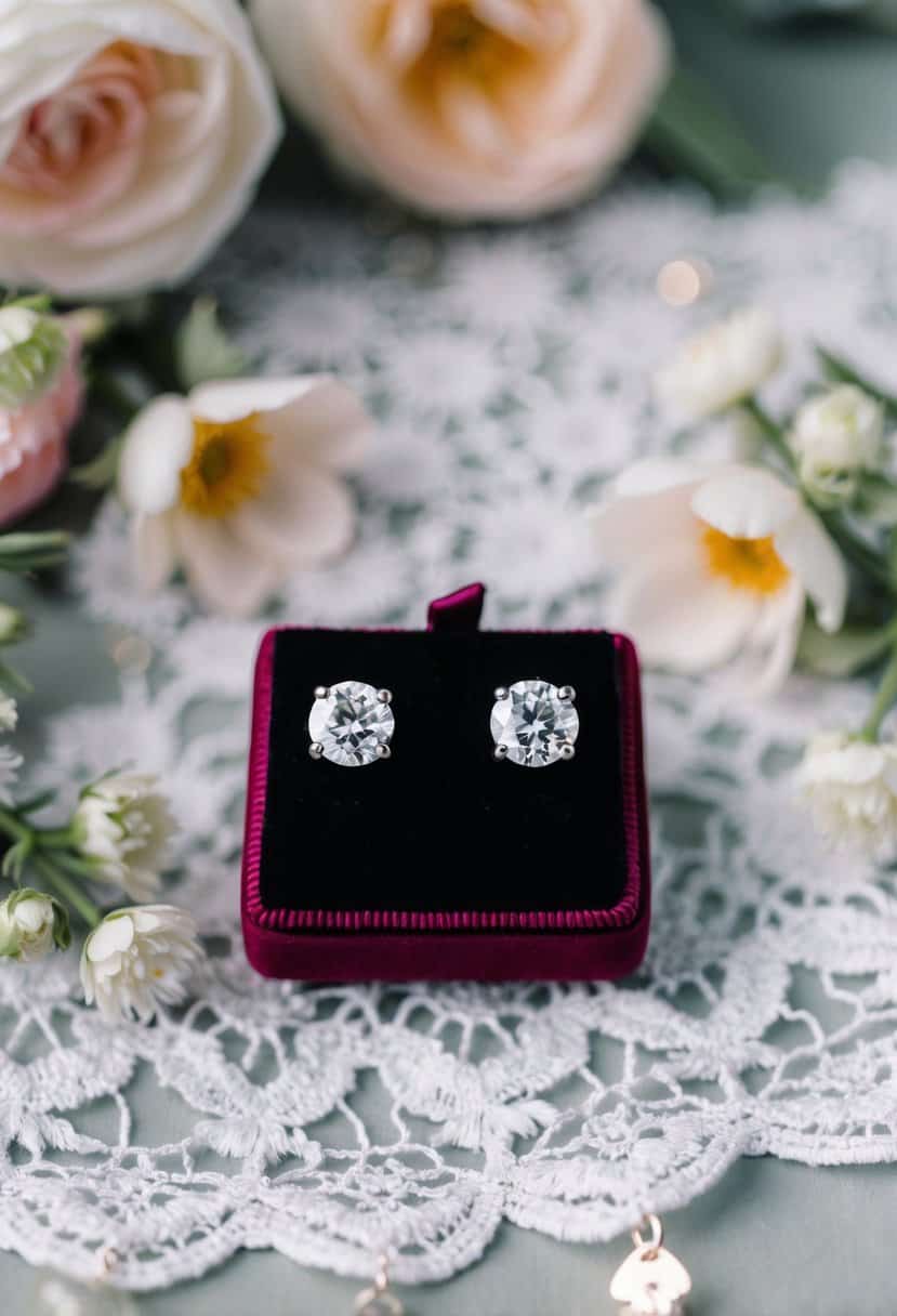 Two elegant diamond stud earrings displayed on a velvet cushion, surrounded by delicate lace and floral accents