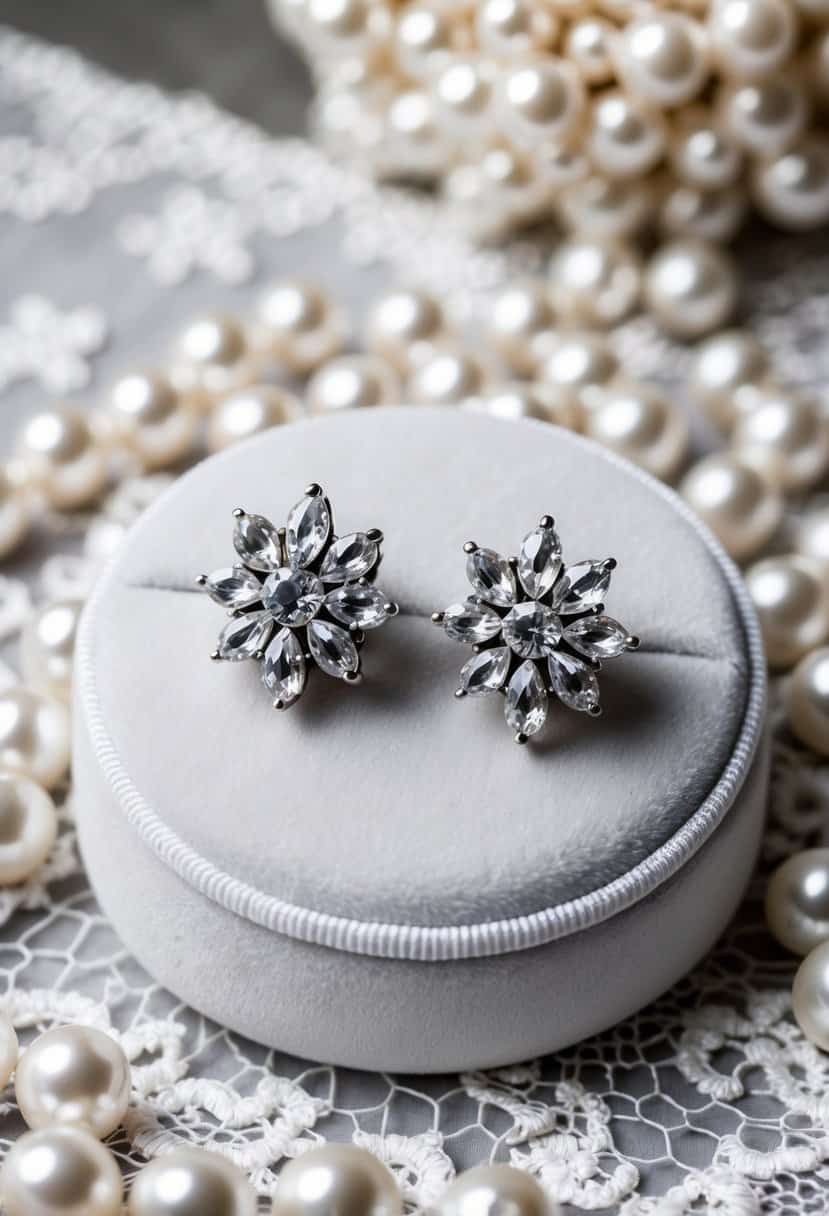 A pair of crystal cluster earrings displayed on a white velvet cushion, surrounded by delicate lace and shimmering pearls