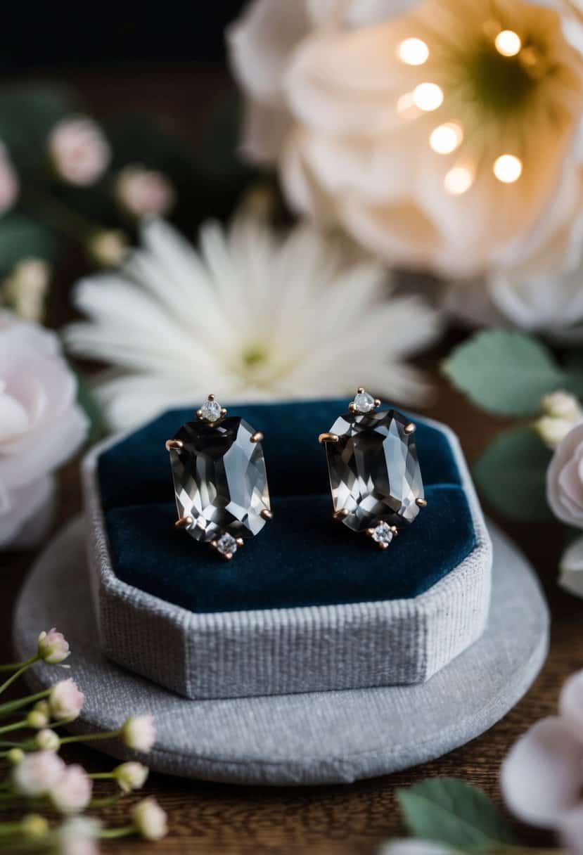 Two smoky gray quartz crystal earrings displayed on a velvet cushion with soft lighting, surrounded by delicate floral arrangements