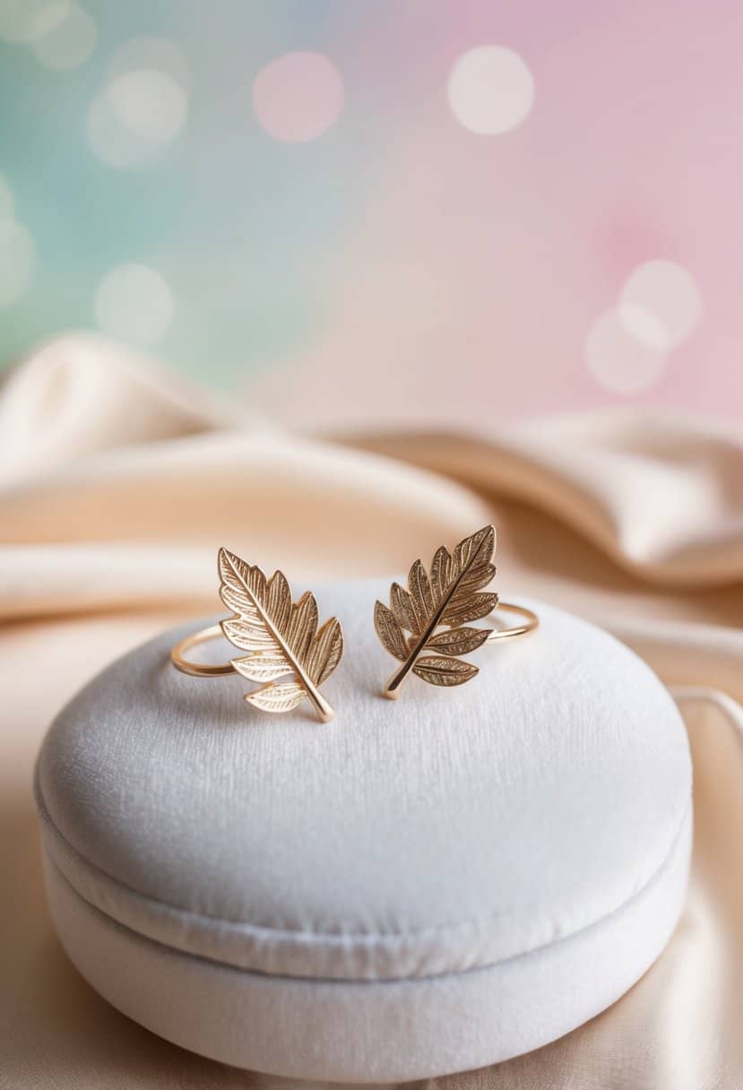 Two delicate leaf-shaped ear cuffs displayed on a white velvet cushion against a soft, pastel background