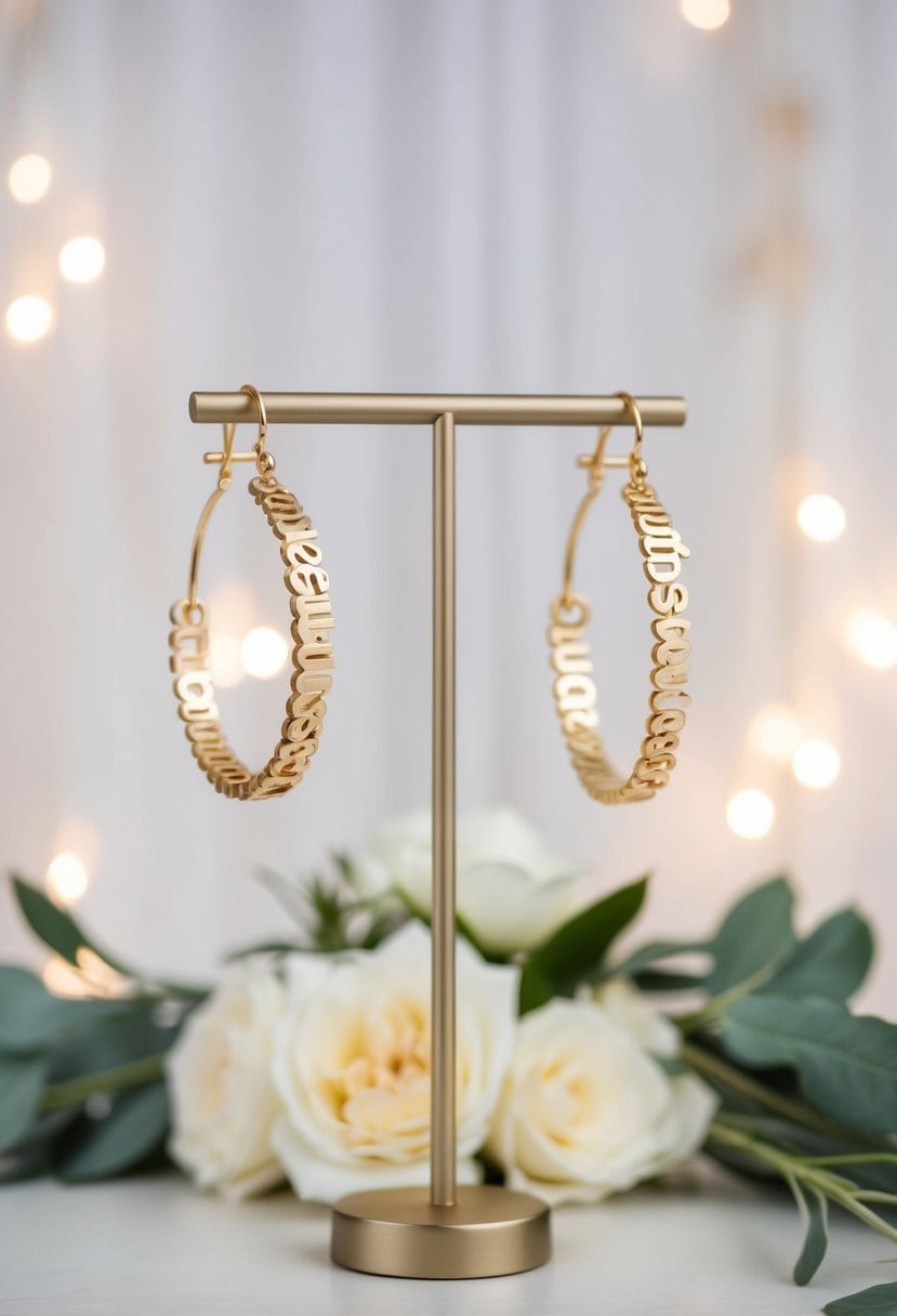 Two delicate, personalized name hoops dangling from a minimalist earring stand, surrounded by soft lighting and a romantic wedding backdrop