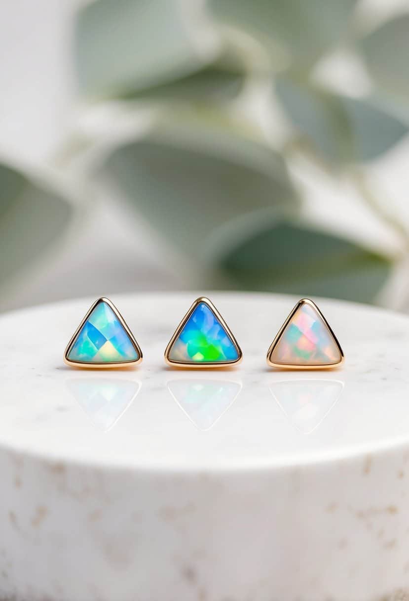 Three opal studs arranged in a triangular pattern, each emitting enchanting hues of blue, green, and pink, against a soft, white background