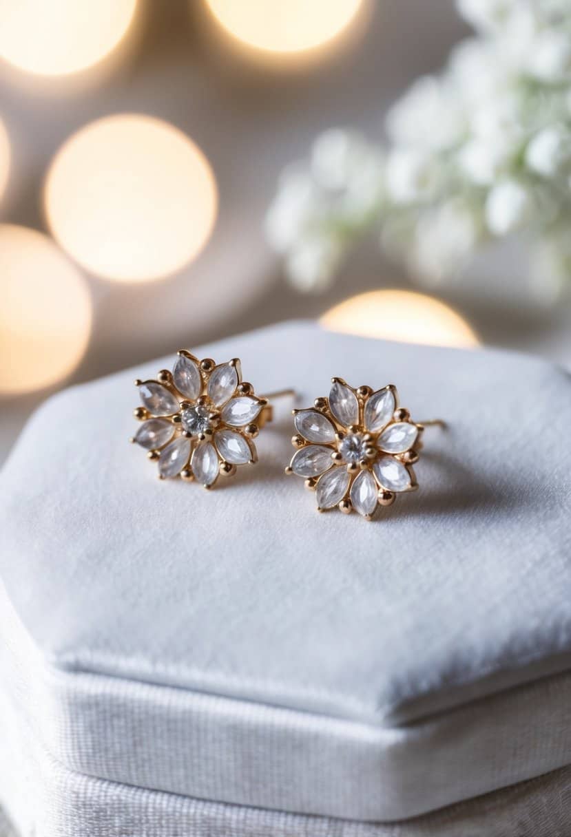 A pair of delicate floral design earrings displayed on a white velvet background, surrounded by soft lighting