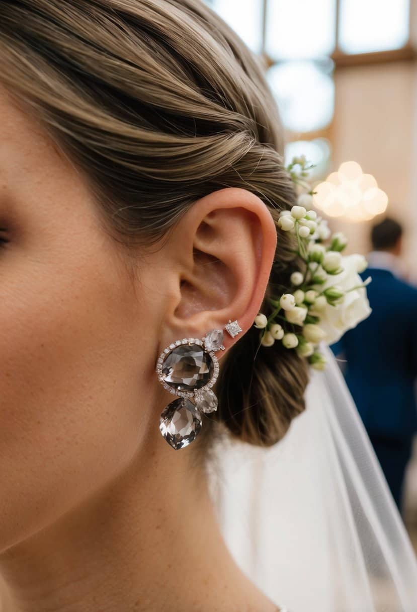 A bride's ear adorned with Chopard Lover's Mist Earrings, featuring smokey gray quartz crystals, shimmering in the soft light of a wedding venue