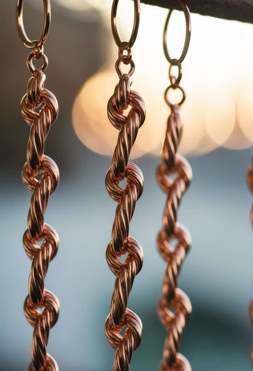 Interwoven rose gold knots dangle from three holes, catching the light in a warm, delicate hue