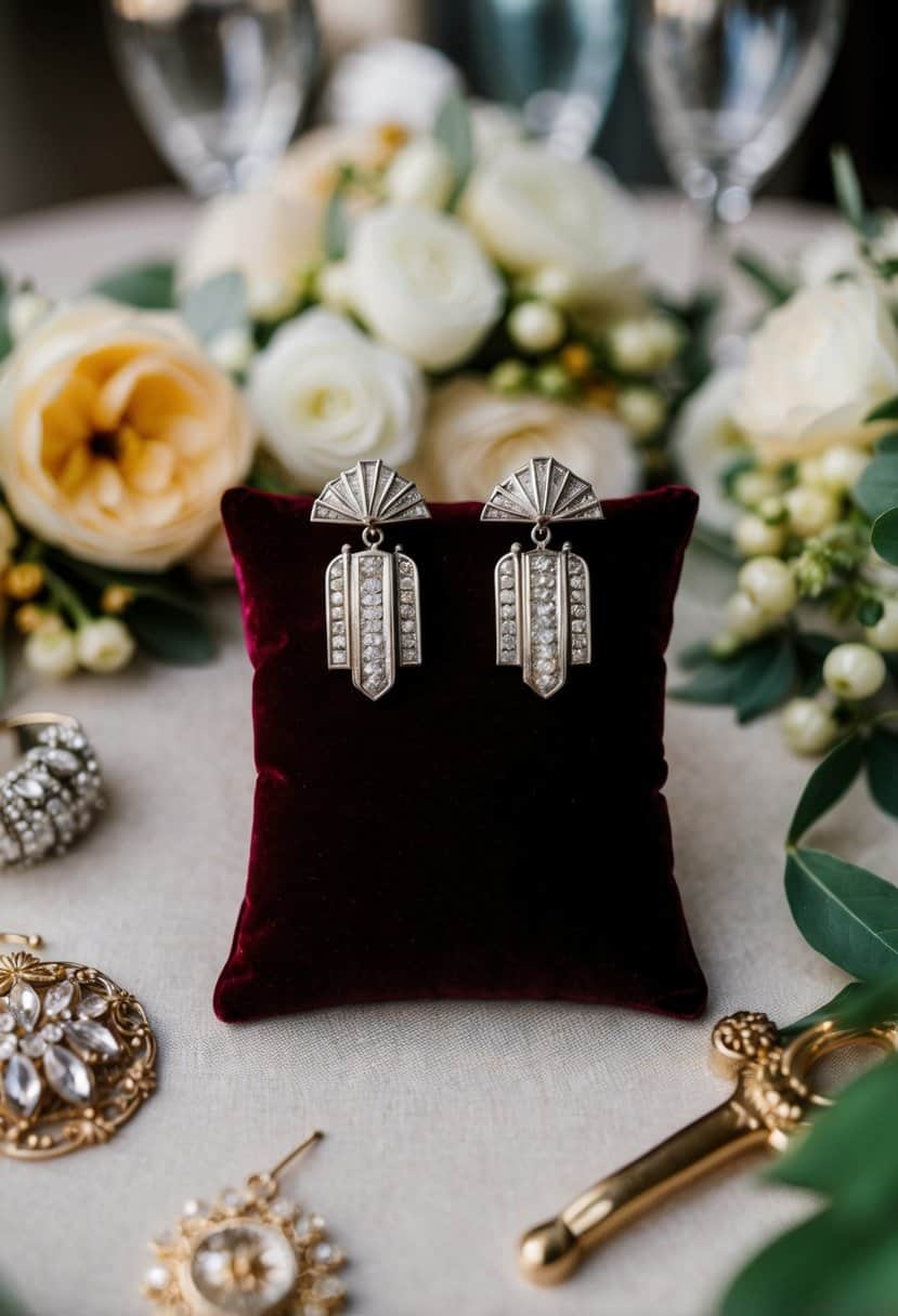 A pair of Art Deco earrings displayed on a velvet cushion, surrounded by vintage wedding accessories