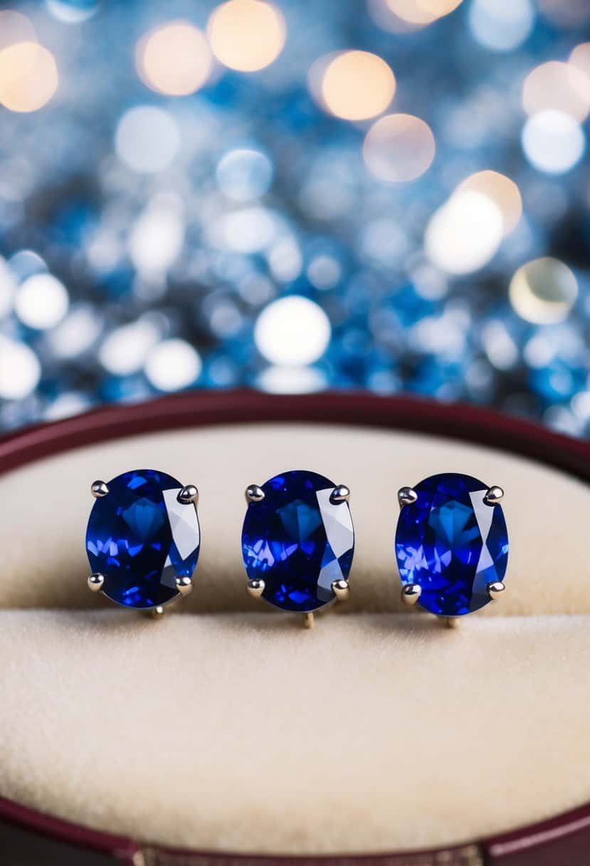 Three sapphire earrings arranged on a velvet display, catching the light with their blue brilliance