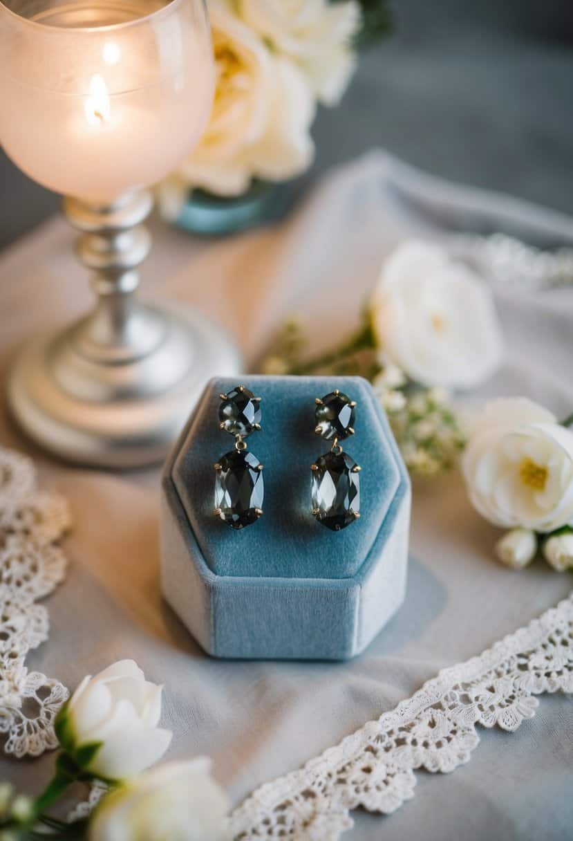 A soft, romantic setting with elegant lighting, showcasing the smokey gray quartz crystal earrings on a velvet display, surrounded by delicate lace and floral accents