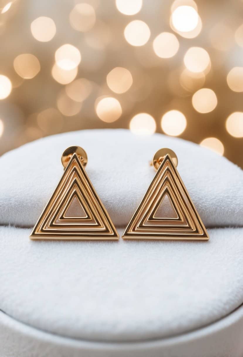 Two geometric triangle earrings displayed on a white velvet background