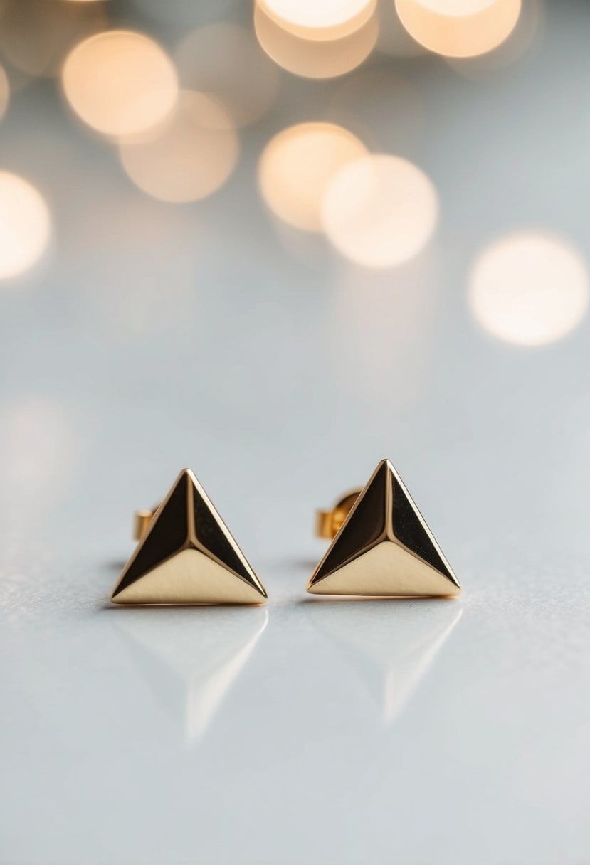 A pair of gold triangle-shaped earrings arranged in a modern and minimalist style