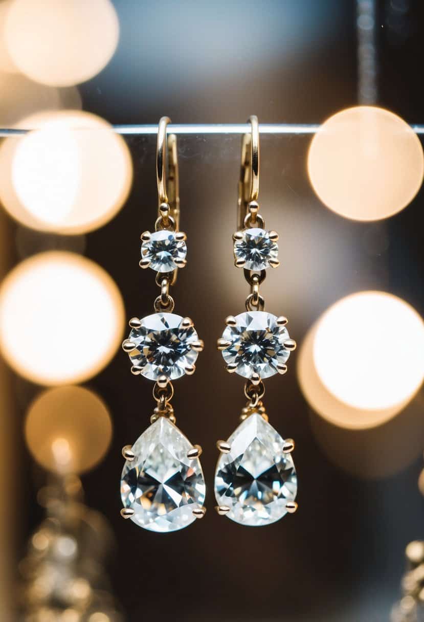 A pair of vintage diamond drop earrings hanging from a display, catching the light and sparkling with antique charm