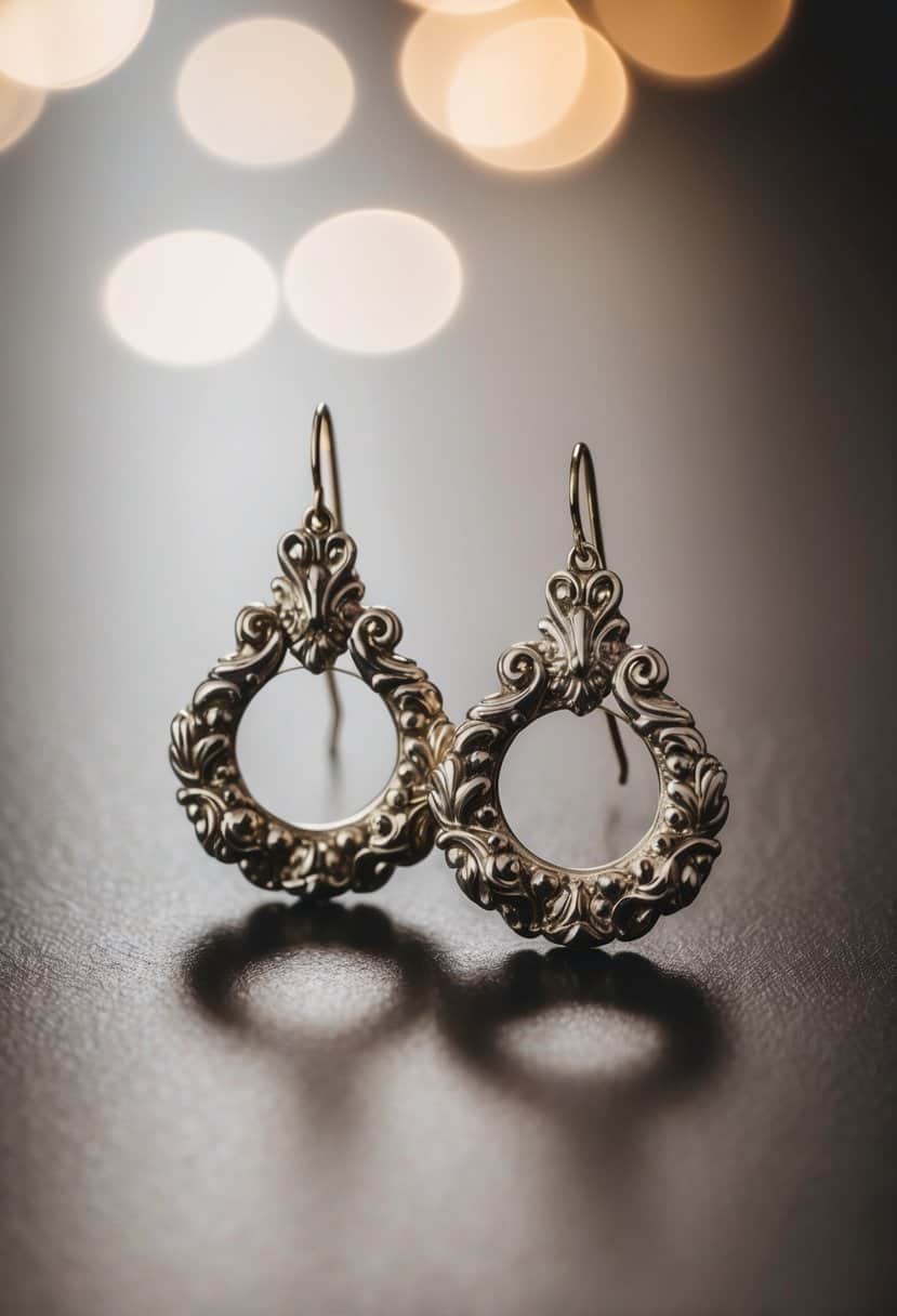 A pair of ornate three-hole wedding earrings, featuring intricate Baroque details and timeless elegance