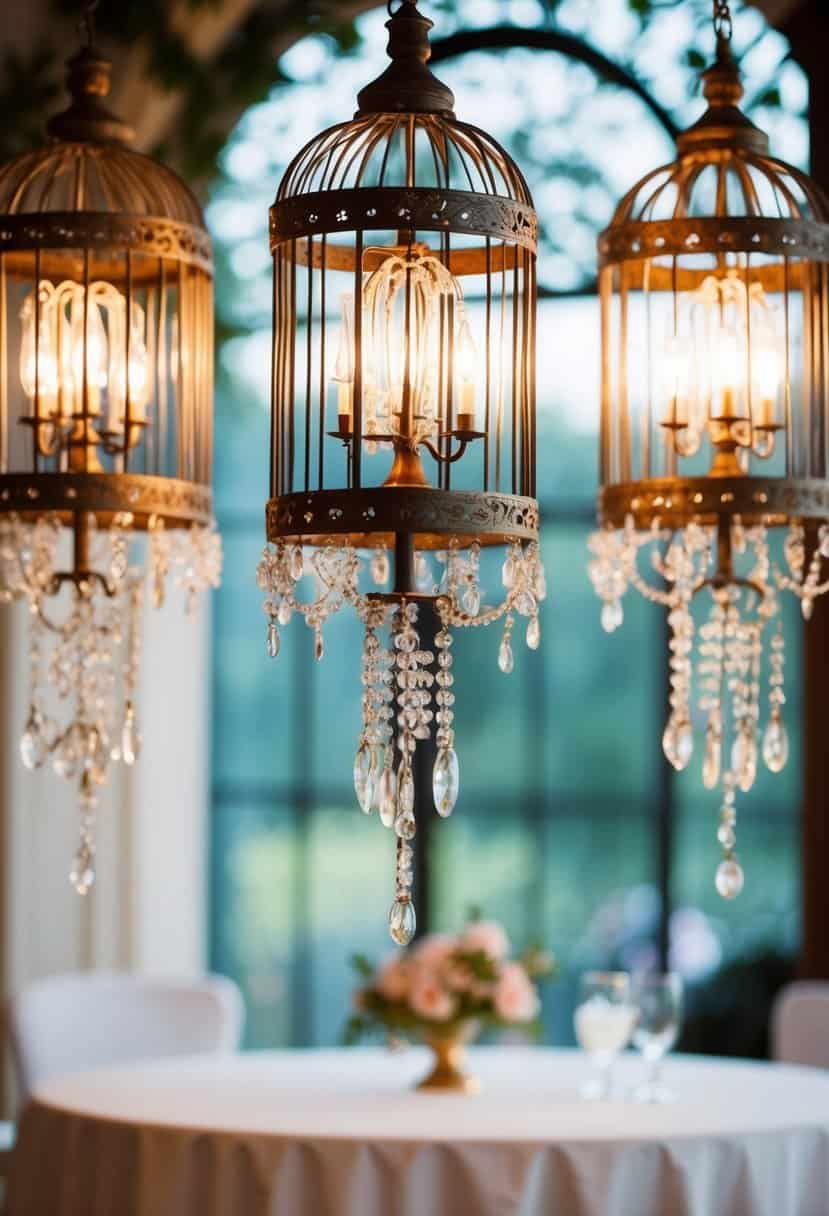 Birdcage chandeliers hang above a table, delicate earrings dangling from each one, creating a whimsical and romantic atmosphere