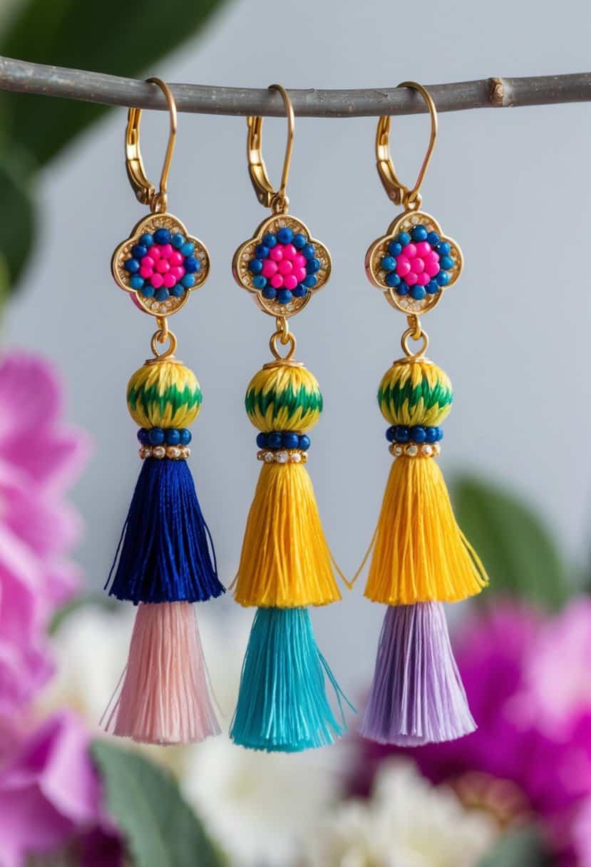 Colorful tassel earrings dangle from a delicate three-hole setting, exuding a playful and elegant vibe