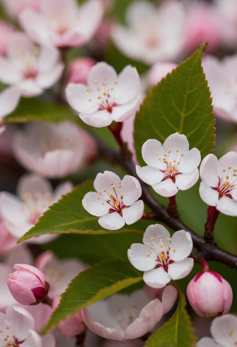 A close-up of delicate cherry blossom studs surrounded by soft pink petals and green leaves, evoking a sense of fresh floral beauty and springtime elegance