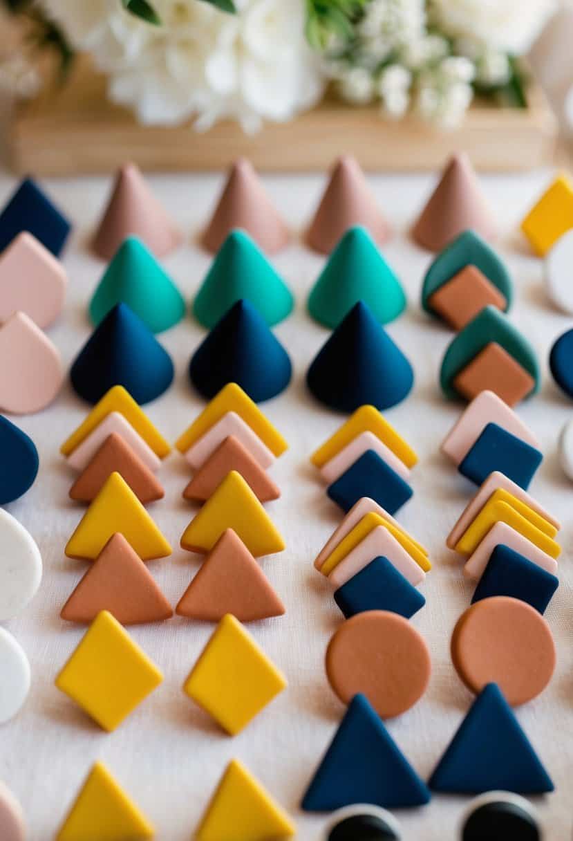 A table with an array of geometric clay stud earrings in various colors and designs, arranged for a wedding showcase